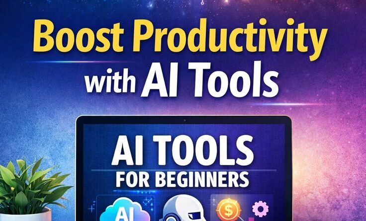 Laptop showing AI productivity tools – AI tools to boost productivity 2026